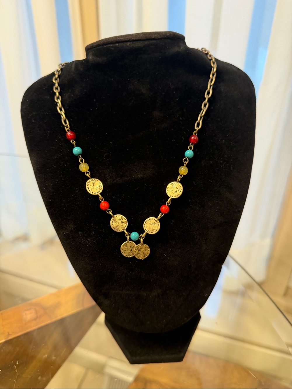 Brass-Tone Coin Pendant Necklace with Red, Turquoise, & Lime Green Beads